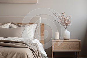 Modern house interior details. Simple cozy beige bedroom interior with bed headboard, linen bedding, bedside table and