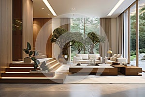 Modern house interior, hallway of luxury home with plants and couches