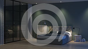 Modern house interior. Interior bedroom with glass partitions.