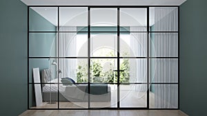 Modern house interior. Interior bedroom with glass partitions.