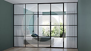 Modern house interior. Interior bedroom with glass partitions.