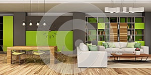 Modern house interior of living room and a kitchen in beige and green colors.