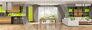 Modern house interior of living room and a kitchen in beige and green colors.