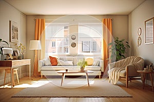 Modern house interior of living room and a kitchen in beige and green colors.