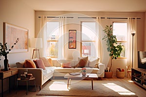 Modern house interior of living room and a kitchen in beige and green colors.