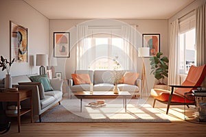 Modern house interior of living room and a kitchen in beige and green colors.