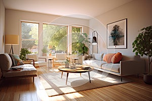 Modern house interior of living room and a kitchen in beige and green colors.