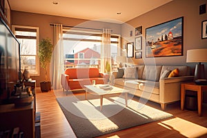 Modern house interior of living room and a kitchen in beige and green colors.