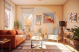 Modern house interior of living room and a kitchen in beige and green colors.