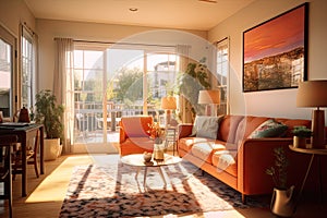 Modern house interior of living room and a kitchen in beige and green colors.