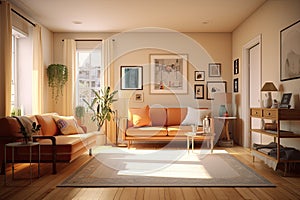 Modern house interior of living room and a kitchen in beige and green colors.