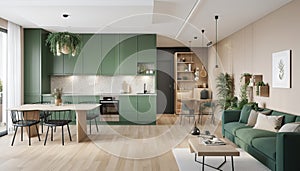 Modern house interior of living room and a kitchen in beige and green colors. Generative ai