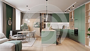 Modern house interior of living room and a kitchen in beige and green colors. Generative ai