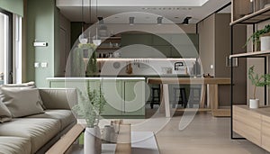 Modern house interior of living room and a kitchen in beige and green colors. Generative ai