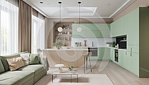 Modern house interior of living room and a kitchen in beige and green colors. Generative ai