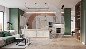 Modern house interior of living room and a kitchen in beige and green colors. Generative ai