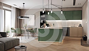 Modern house interior of living room and a kitchen in beige and green colors. Generative ai