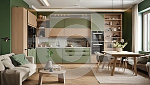 Modern house interior of living room and a kitchen in beige and green colors. Generative ai