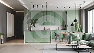 Modern house interior of living room and a kitchen in beige and green colors. Generative ai