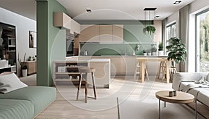 Modern house interior of living room and a kitchen in beige and green colors. Generative ai