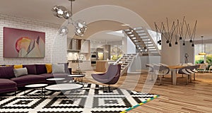 Modern house interior in scandinavian style/ 3d rendering