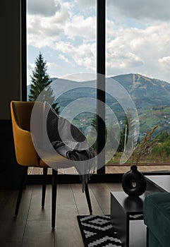 Modern house interior with mountain view with copy space