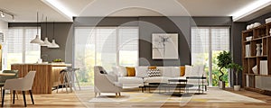 Modern house interior in scandinavian style/ 3d rendering