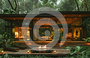 Modern house in the jungle with fire pit