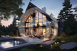 modern house with large windows and pool at twilight