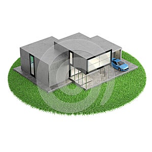 Modern house on lawn. 3D icon isolated on white background