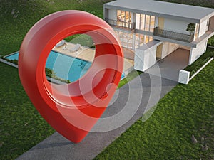 Modern house with location pin icon on asphalt road in real estate sale or property investment concept.