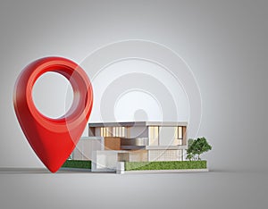 Modern house with location pin icon on white background in real estate sale or property investment concept.