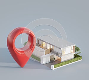 Modern house with location pin icon on white background in real estate sale or property investment concept. Buying land for new ho