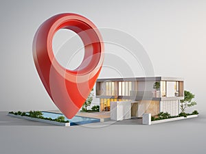 Modern house with location pin icon on white background in real estate sale or property investment concept. Buying land for new ho