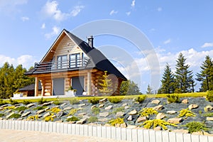 A modern house made of wooden logs on a hill among trees