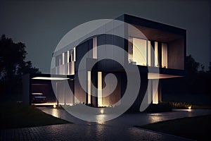 modern house, with minimalist and sleek exterior, at night