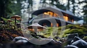 Modern House With Mushrooms: Cinematic Lighting And Realistic Details