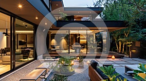 Modern house with outdoor patio and lighting at twilight