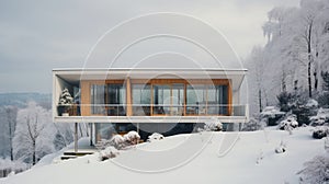 Modern House Overlooking Snow By Lake Slovenske