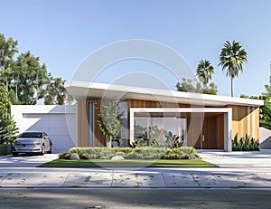 Modern house with parked car, surrounded by plants and trees