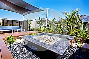 Modern house patio and water pond with a garden