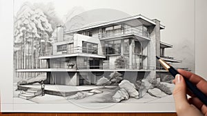 Modern House Pencil Drawing: Monumental Ink Style With Realistic Renderings