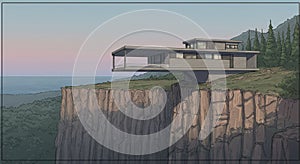 Modern house perched on a cliff, overlooking the ocean. The