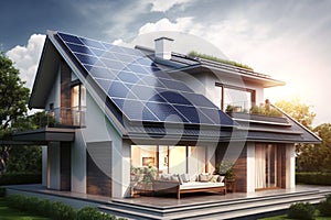 Modern House with Photovoltaic Solar Panels on the Roof. AI