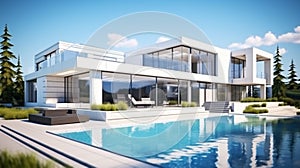 Modern house with pool and big windows. luxury house and swimming pool. generative ai