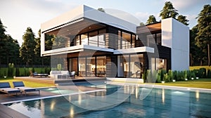 Modern house with pool and big windows. luxury house and swimming pool. generative ai