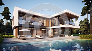 Modern house with pool and big windows. luxury house and swimming pool. generative ai