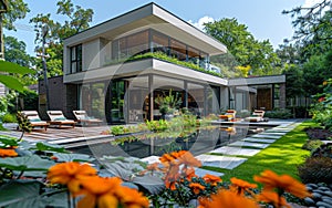 Modern house with pool and garden. Beautiful modern house with beautiful landscaping on sunny day