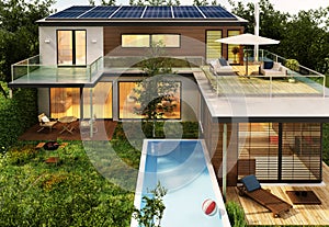 Modern house with pool and solar panels