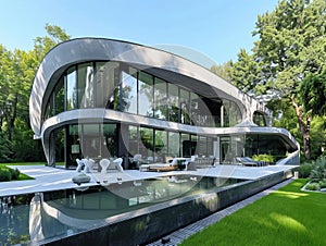 Modern house with pool, surrounded by trees, under blue sky